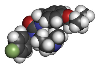 Pimavanserin atypical antipsychotic drug molecule. 3D rendering. 