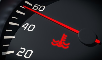 Engine overheating control. Coolant warning light in car dashboard. 3D rendered illustration.