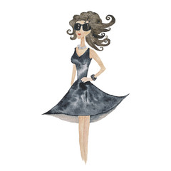  Girl Glasses Black Dress  Fashion Illustration Beauty Cosmetic Girls watercolor Hand-painted Isolated Black Style
