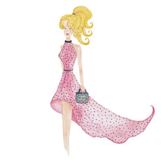  Fashion Girl Pink Dress  Illustration Beauty Cosmetic Girls watercolor Hand-painted Isolated Black Style
