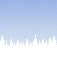 Silhouettes of trees on a snowy blue background.