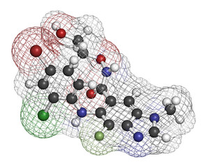Selumetinib cancer drug molecule (MEK1 and MEK2 inhibitor). 3D rendering. 