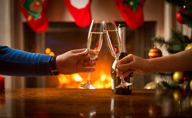 Man and woman having Christmas dinner and clinking glasses next