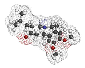 Tetrabenazine hyperkinetic disorder drug molecule. 3D rendering.