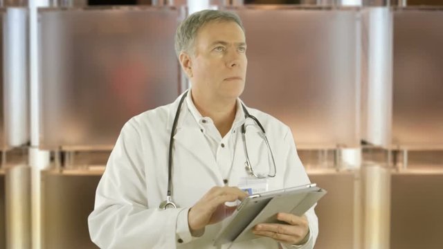 A doctor standing in front of glass light panels ponders what he sees on the electronic tablet he is using. Canon C300
