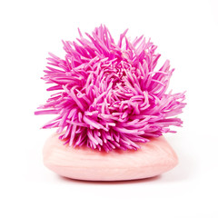 Bath salt, soap and shampoo in pink and violet color with flowers