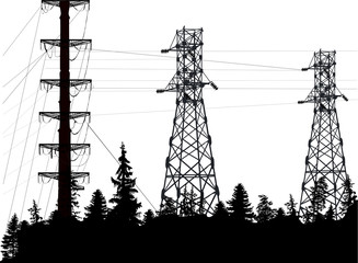 black electric power pylons in dark forest
