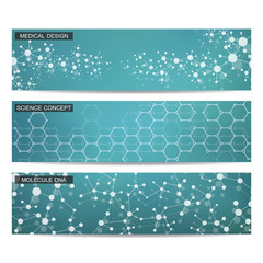 Set of modern scientific banners. Molecule structure DNA and neurons. Abstract background. Medicine, science, technology. Vector illustration for your design.