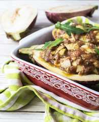 Italian eggplant with chopped meat and arugula
