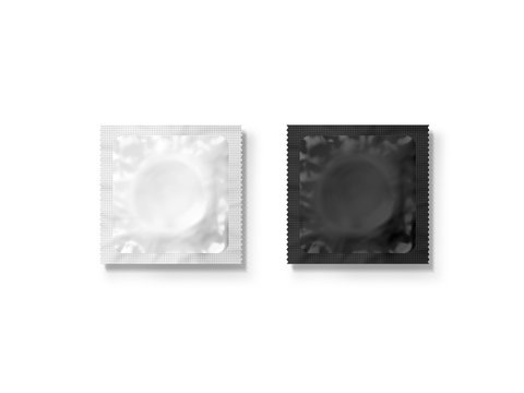Blank white and black condom packet mockup, isolated, clipping path, 3d illustration. Sexual protection rubber packaging design mock up, front and back side. Condoms sachet pack branding template.