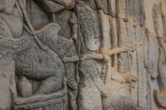 Ancient Khmer carving of Krishna, Angkor, Cambodia