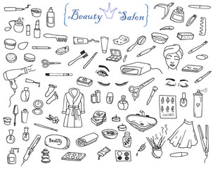 Hand-drawn line art collection of the different beauty objects. Kits of the beauty salon doodles. Four sets of the beauty icons on the white background.