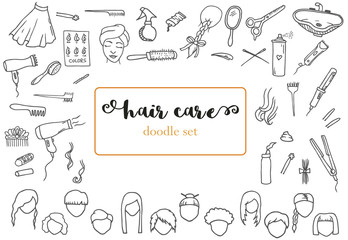 Hand-drawn doodles set of the different hair care drawings. Instruments and equipment for the hair in the beauty salon. Line art kit