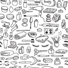 Hand-drawn doodle seamless pattern with different beauty salon objects. Line art repeated background.