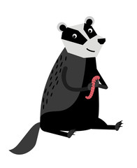 Big cute badger smiling and holding an earthworm