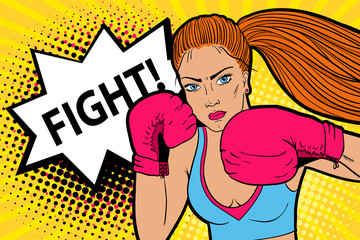  Sexy aggressive woman boxer in boxing mittens ready to fight. Vector hand-drawn colorful  background in pop art retro comic style.