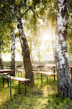 Biergarten im Sonnenschein unter B&auml;umen 