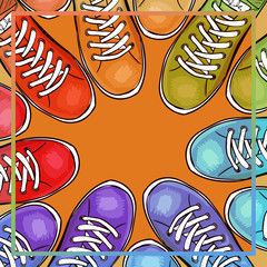 Colorful poster with athletic shoes with space for text. Advertising sport sneakers. Vector