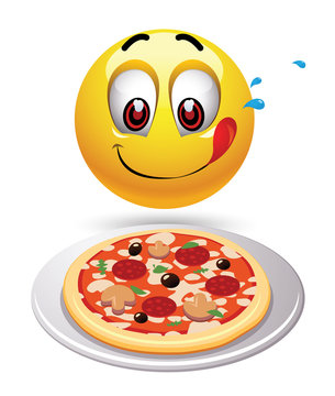 Hungry smiley looking at tasty pizza. Humoristic illustration of food loving smiley. 

