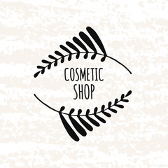 Logo in the style of hand drawn. Hand drawn elements in decorative box beauty shop. Sticker, badge or card for production in print and stores. Vector