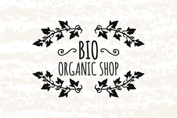 Logo in the style of hand drawn. Hands drawn elements in a decorative box, bio organic store. Sticker, badge or card for production in print and stores. Vector