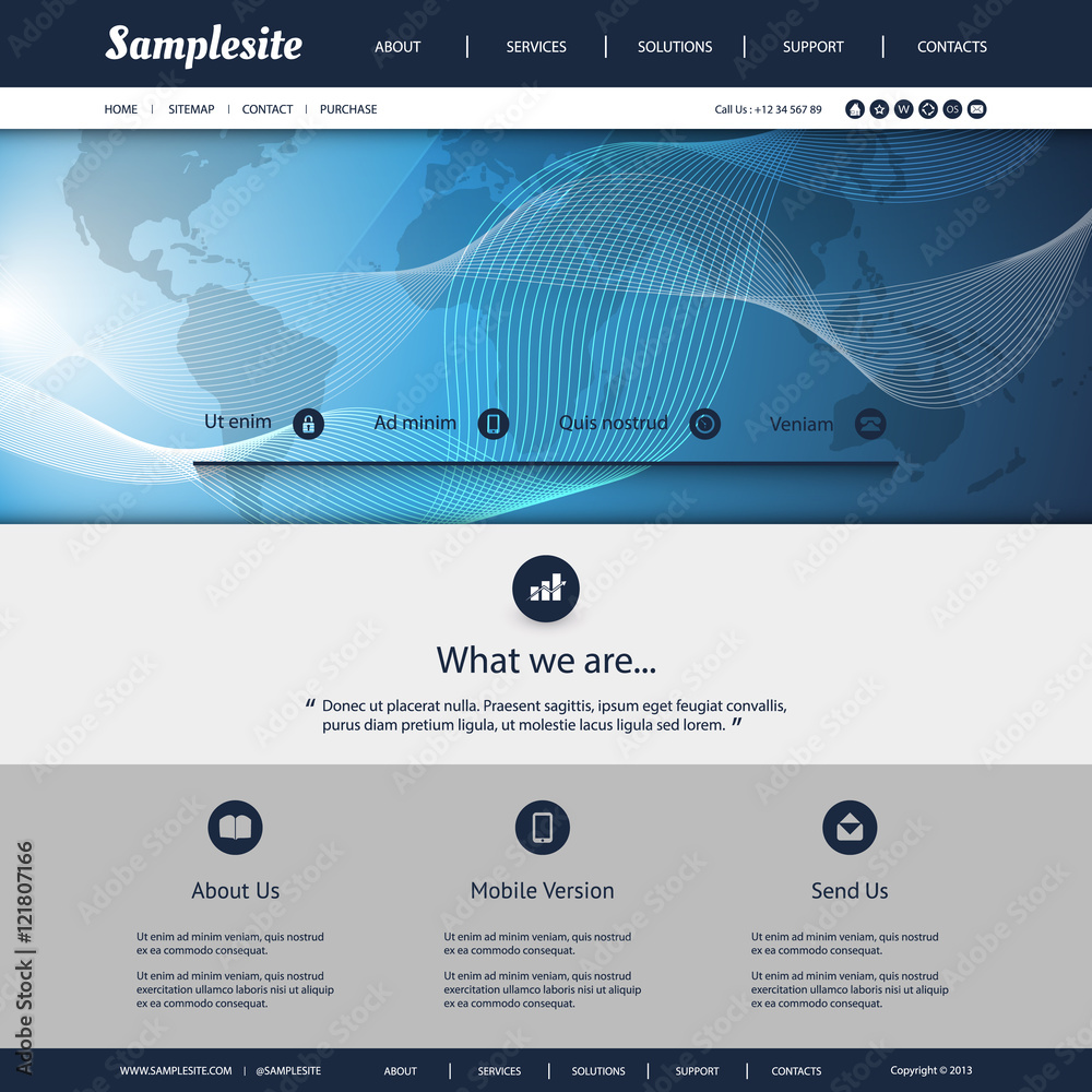Wall mural website template with earth map and wave lines pattern design for your business site