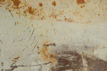Rusty garage door or iron sheet. Rust stains and scratches on a gray metal background.