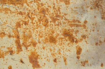 Rusty garage door or iron sheet. Rust stains and scratches on a gray metal background.