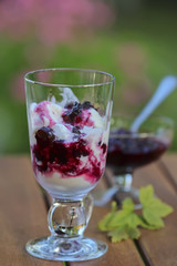 Glass of ice-cream dessert with black currant jam