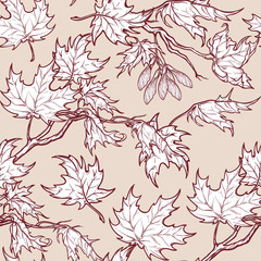 Autumn maple leaves and seads seamless pattern