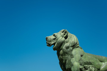 Bronze Lion Head Detail with air space, Monument of Alfonso XII, Pond of the Park of the Pleasant Retreat, Madrid, Spain