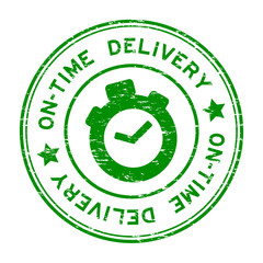 Grunge green on-time delivery with clock icon rubber stamp
