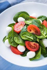 Fresh salad with mozzarella cheese, tomatoes and spinach on blue wooden background close up. Healthy food.