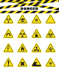 Signs warning of the danger from explosives and flammable liquids, the presence of magnetic field and radiation. Dangerous. Vector - 121809541