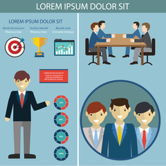 Teamwork infographic set with business avatars and world map vector illustration
