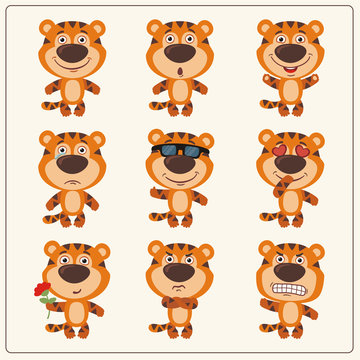 Vector set isolated emotion tiger. Collection cute tiger in cartoon style.