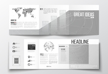 Vector set of tri-fold brochures, square design templates. Molecular construction with connected lines and dots, scientific pattern on gray background.