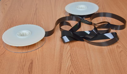 video tape recorder reel on table