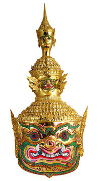 Thai Khon mask head called Tossakan when in Golden face, Ramakian Story. White Isolated background