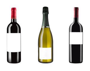 Three italian wine bottles isolated on white background and blan