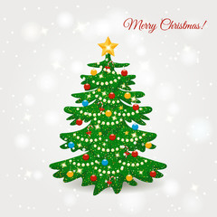 vector illustration. Decorated Christmas tree with balls, lights, candy canes, stars. Design for greeting card, banner, poster.