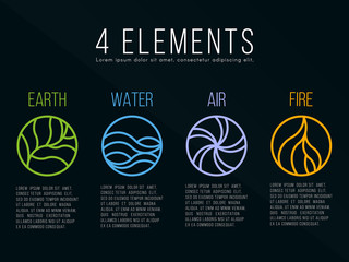 Nature 4 elements in circle icon abstract line border sign. Water, Fire, Earth, Air. on dark background.