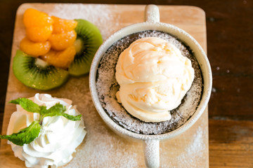 Top view of delicious mocca coffee with dessert