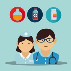 man medical doctor and woman nurse cartoon with medicine icon set. vector illustration