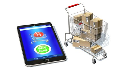 
Online shopping, internet purchases and e-commerce concept, modern mobile phone with buy button on the screen and shopping cart full of package boxes isolated on white 