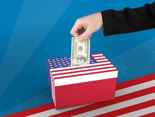 Composite image of hand holding hundred dollar bill