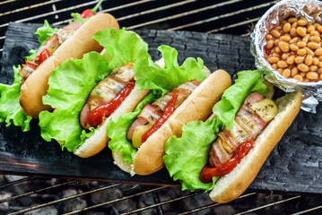 hot dog with grilled sausages