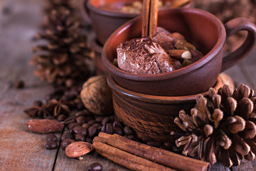 Chocolate and coffee ice cream with spices.
