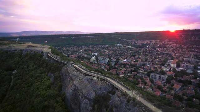 Aerial view of the medieval fortress Ovech near Provadia, Bulgaria, sunset shot