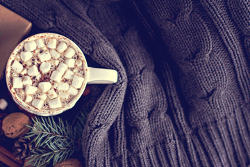 Cocoa, coffee  with marshmallows, nuts, gift
